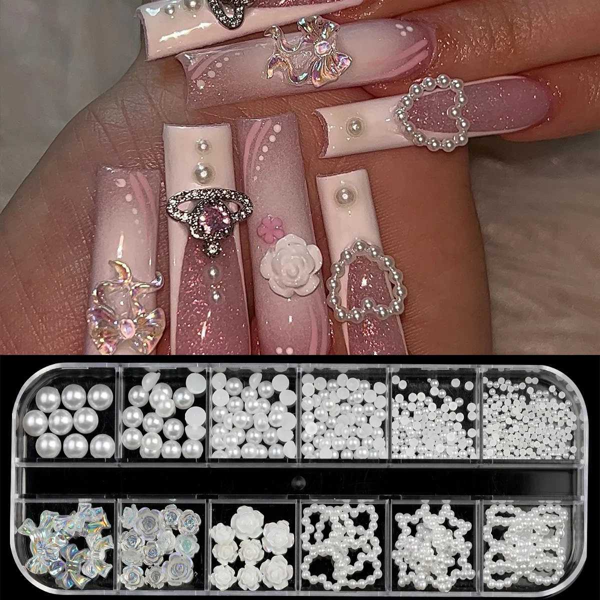 12 Grid Resin 3D Nail Art Charm Camellia Rose Heart Star Pearl Accessories DIY Bow Decoration Box W240829