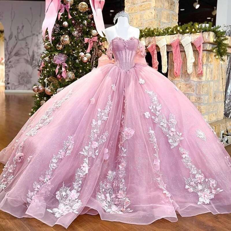 Pink Sweetheart 15 Quinceanera Lace Wer Off The Shoulder Evening Dresses Puffy Party Dress Crystal Beading Ball Gown 0220