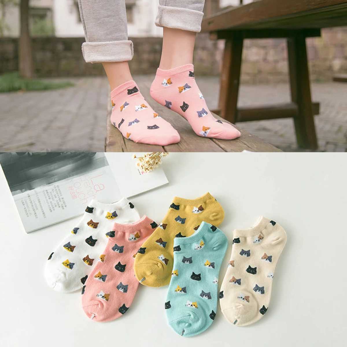 Men's Socks 5 Pairs Women Girls Cute Cartoon Cotton Socks Short Summer Ankle Socks Y240830N7AG
