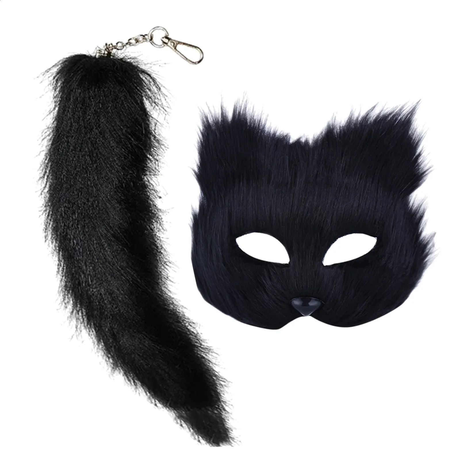 Therian Mask and Tail Set Halloween Cosplays Costume Accessorie Cats Half Face Faux Furs es 240829