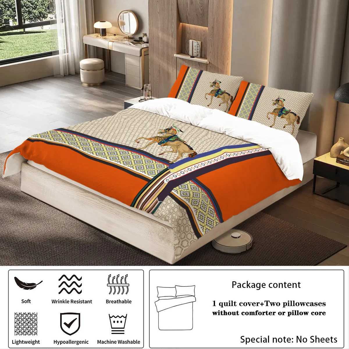 3 Pieces of Luxurious Orange Spliced Digital Printing Skin Friendly Breathable 1 Duvet Cover+2 Unfilled Bedding Set T240829