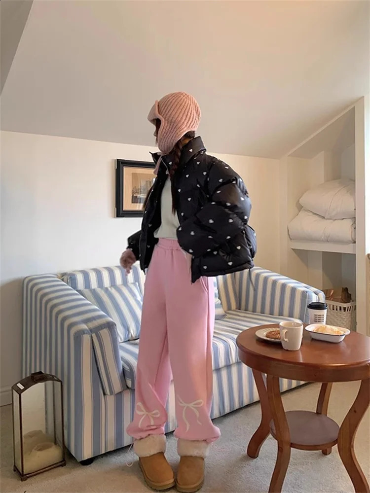 QWEEK Y2K Fairycore Pink Wool Sports Pants Womens Korean Fashion Bow Printed Grey Brushed Oversized Harajuku Jogger 240827