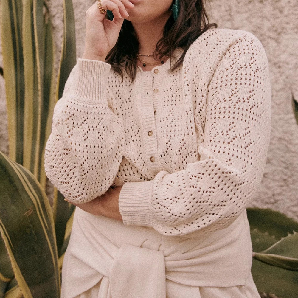 ZESSAM Solid Hollow Jacquard Knit Cardigan ONeck Long Sleeve Button Loose Female Sweater Casual Cozy Lady Top 240827