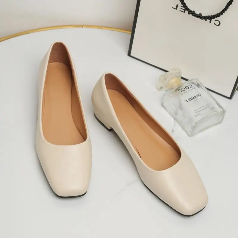 New Women Loafers Simple Low Heels Office Work Casual Slip on Flat Footwear Ladies Square Toe Shoes 2024 c312
