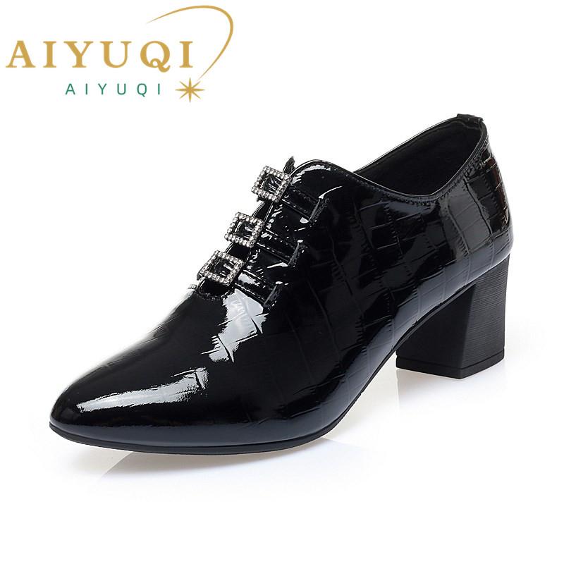 AIYUQ Women's Shoes Genuine Leather 2024 Autumn Square Toe Fashion Mid-heel Shiny Women's Shoes Fashion Single Shoes Women