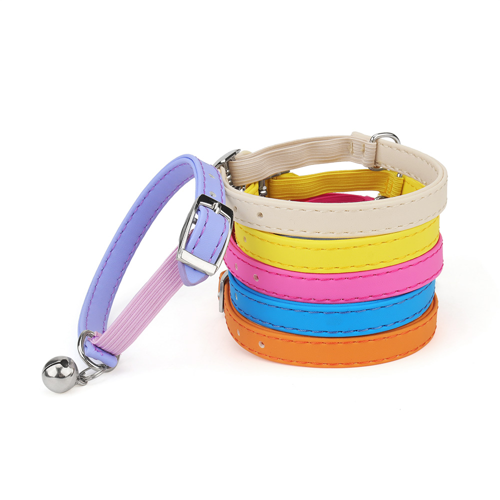PU Cat Collar with Elastic Webbing Adjustable Macaron Color Puppy Collar with Bell To Prevent Getting Lost for Cats Accessories