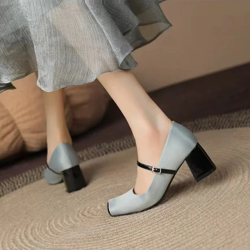 2025 NEW Spring Women Mary Jane Autumn Fashion Toe Shallow Ladies Elegant Dress Single Leather Shoes Square Heel Pump ac