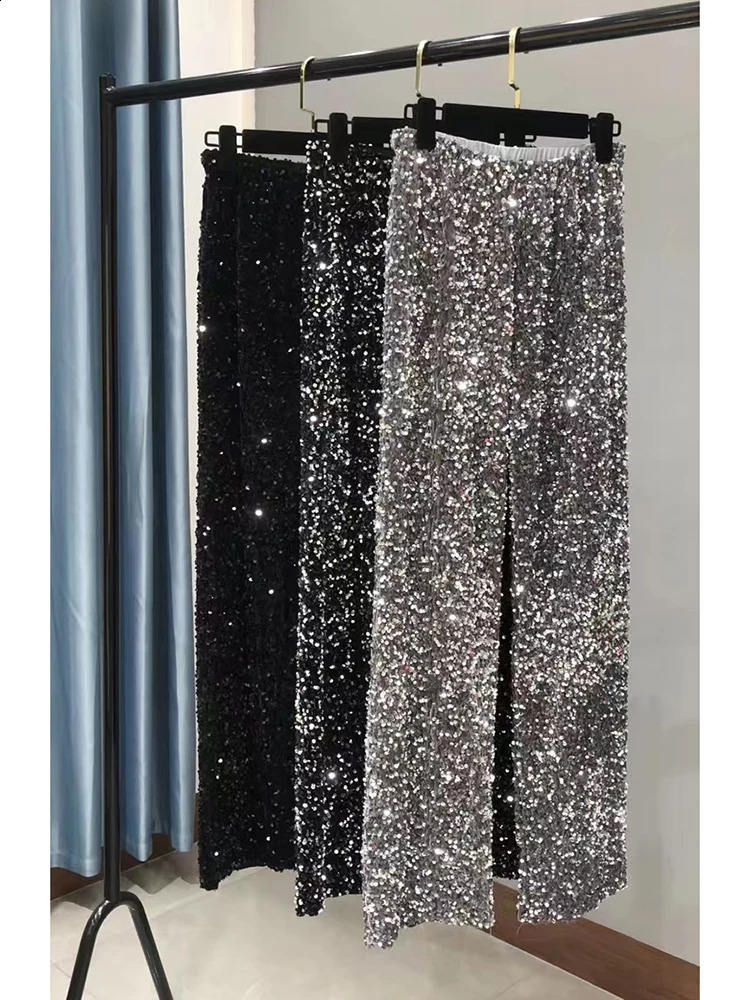 Circyy Y2k Womens Elastic Waist Shining Wide Leg Trouser Full Length Straight High Street Fashion 240827