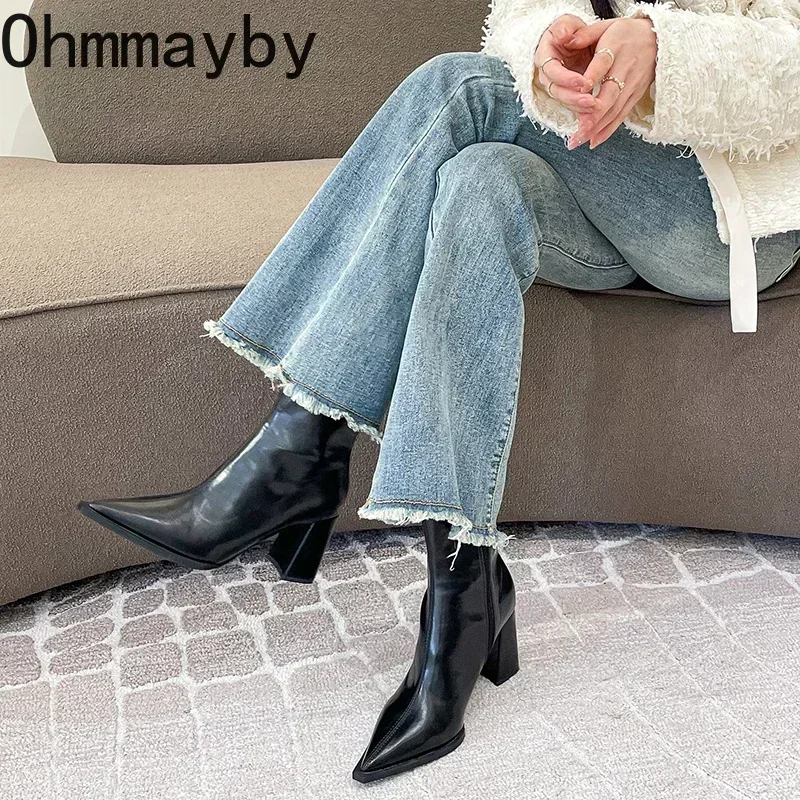 Designer Winter Ankle Fashion Back Zippers Pointed Toe Ladies Elegant Plush Short Boots High Heel Women's Footwear 7913