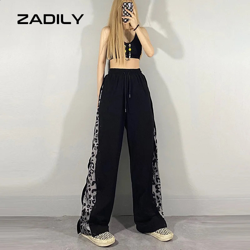ZADILY Y2K Street Sytle Elastic Waist Straight Pants Harajuku Loose Patch Work Leopard Pattern Womens Summer Trousers 240827