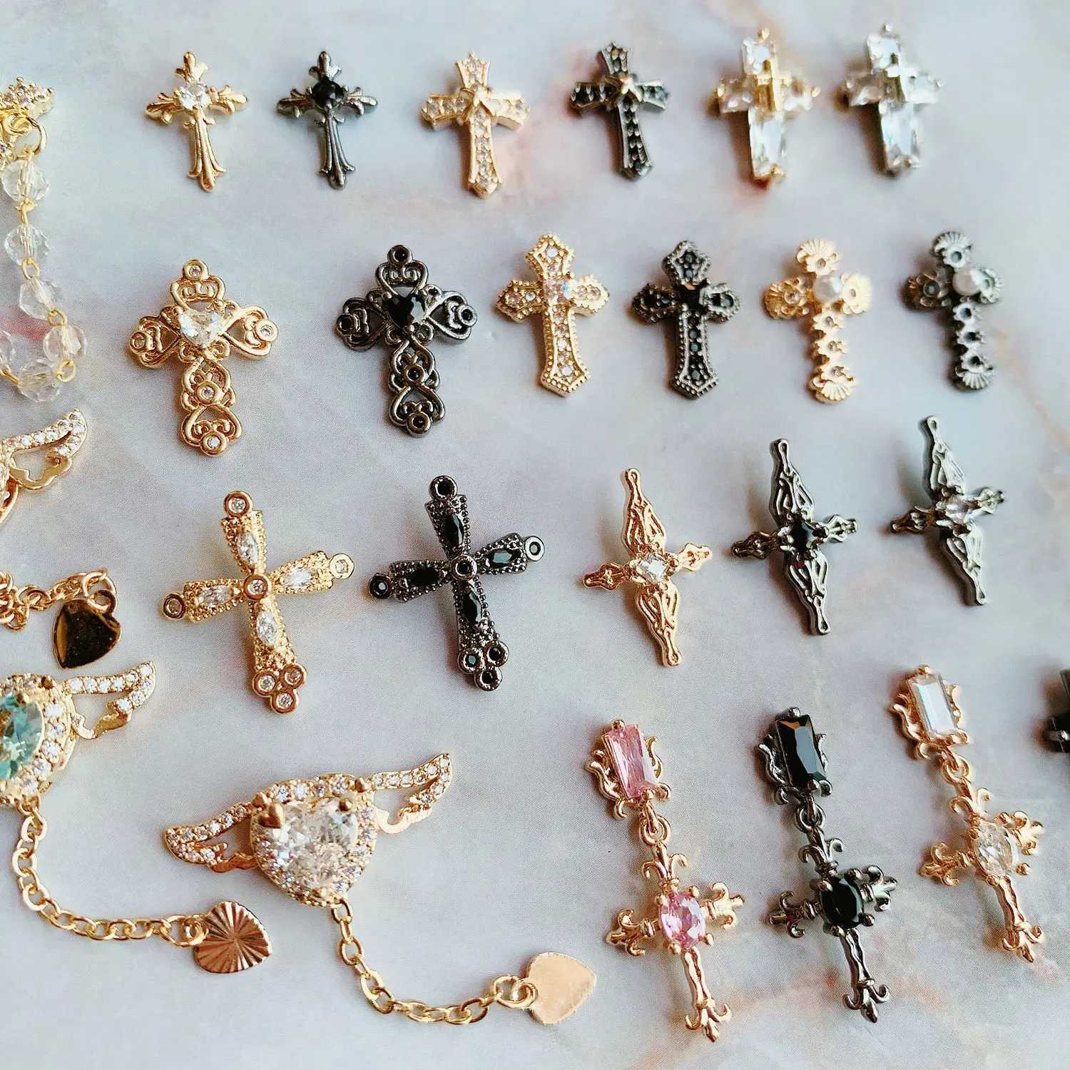 10 pieces/batch Dark Cross Heart shaped Nail Art Parts Zircon Crystal Handmade Nails Accesorios Supplies Decorative Charm W240829