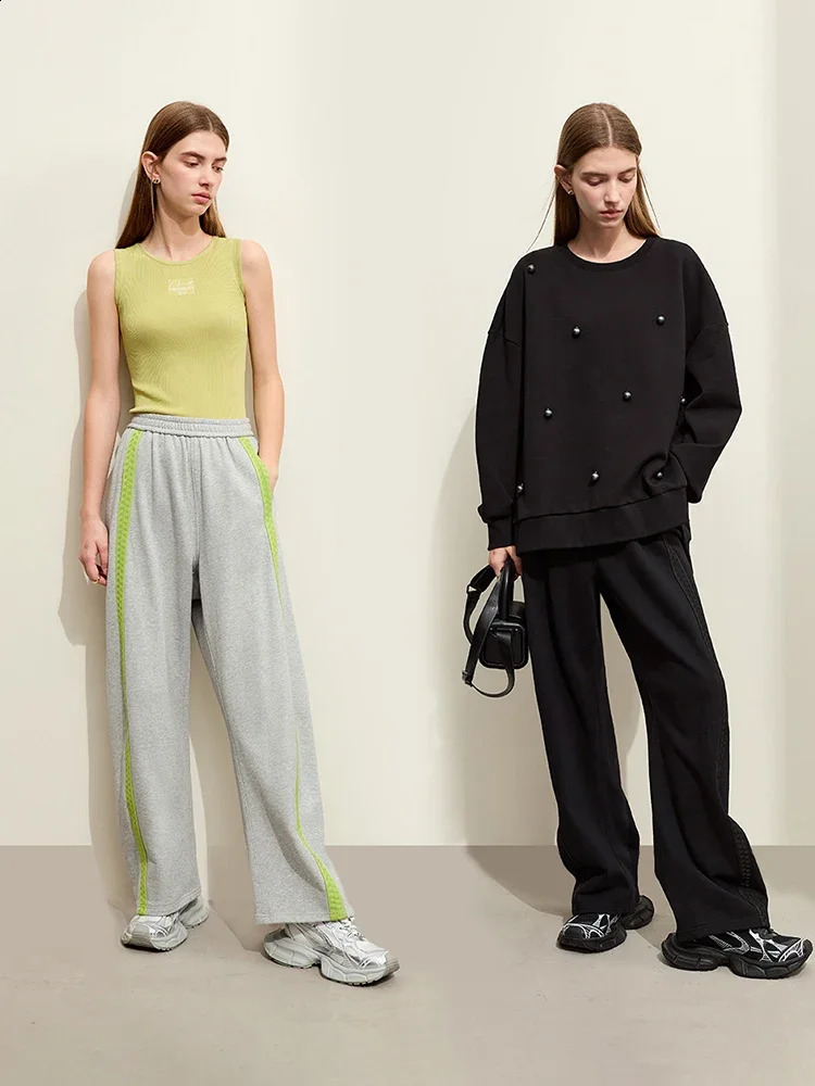 AMII Minimalist Womens Casual Pants Winter Sports Contrast Color Wide Leg Elastic Waist Cotton Trousers 12354064 240827
