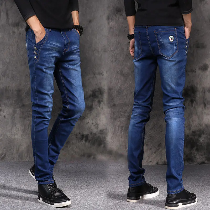 Autumn Winter Brushed Cowboy Slim Clothes Male Korean Style Denim Skinny Plush Grey Jean Pants Trousers for Men 240826Z