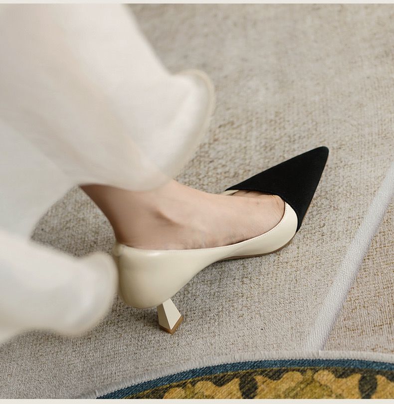 Women Pumps Pointed Toe Boat Shoes High Heels Dress Shoes Black Toe Patchwork Pump Ol Office Lady Shoes Zapatos Mujer 9449N