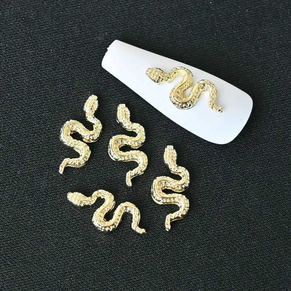 10 pieces of 3D gold/silver snake nail charm metal alloy snake nail art Rhinestone handmade jewelry for DIY luxury accessories W240829