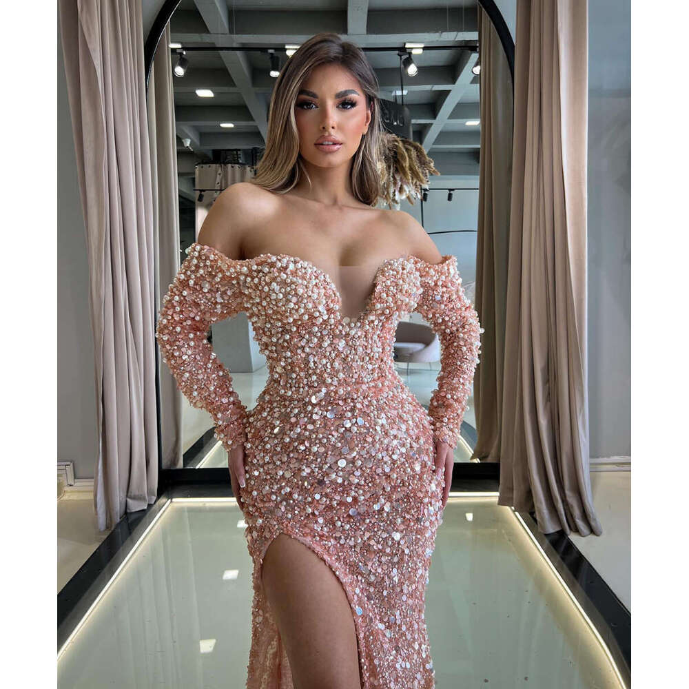 Mermaid Pink Evening Dress Sweetheart Neck Off Shoulder Prom Gowns Pearl Sequins Detachable Train Custom Made