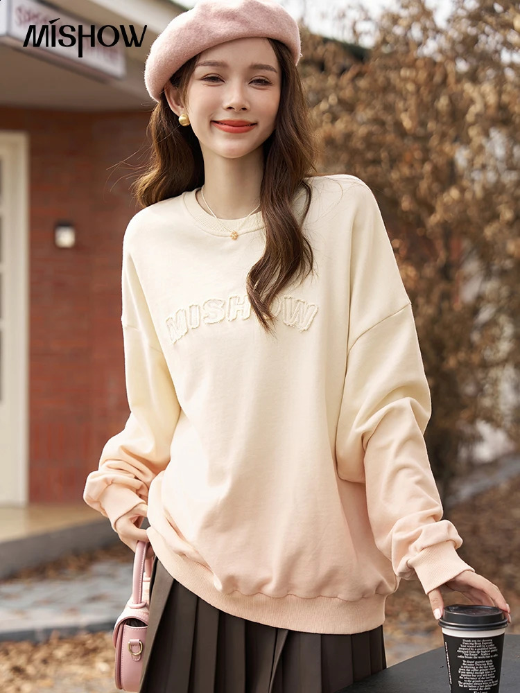 MISHOW 100% pure cotton ultrafine printed sports shirt for womens autumn Crewneck casual loose solid top MXC46V0019 240827