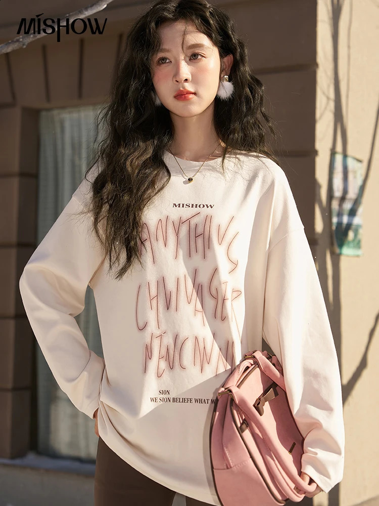 Mishow Letter Print oversized sportswear womens autumn winter casual Crewneck loose long sleeved Tshirt MXC56T0149 240827