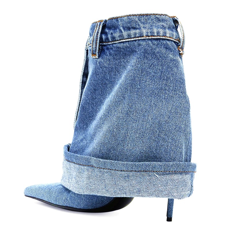Blue Denim Slim Cuffed Short Rivet Pocket Design Pointed Toe Metal Buckle High Heel Fashion Large Size 45 Women Boots
