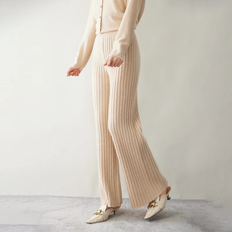Womens fashionable autumn and winter cashmere wide leg pants 7needle double rope thick knitted straight 240827
