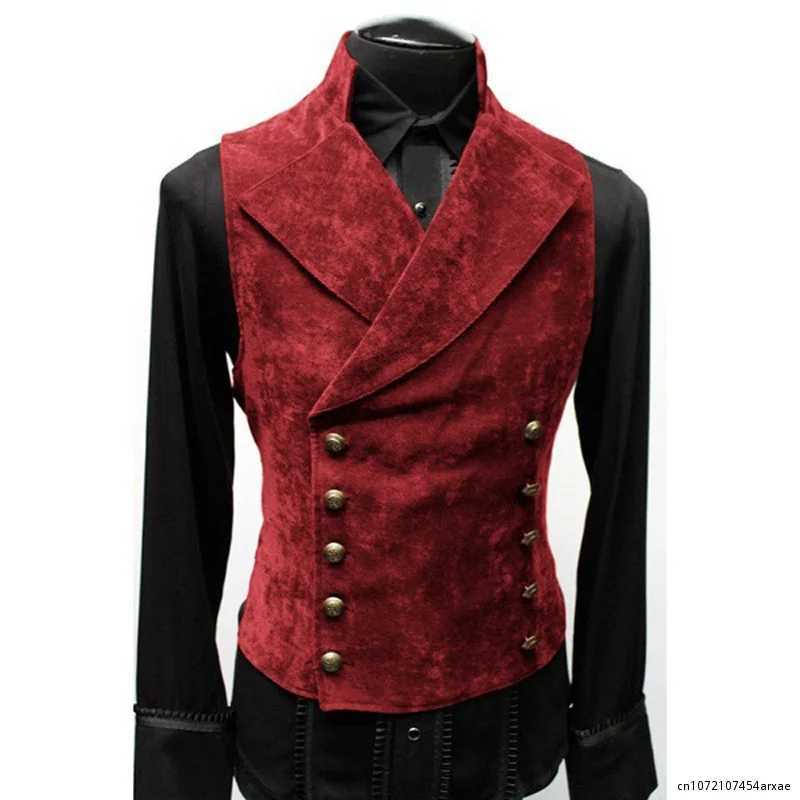 Mens Double Breasted Gothic Steampunk Velvet Vest Stand Collar Medieval Victorian Black Waistcoat Men Stage Cosplay Prom Y240830
