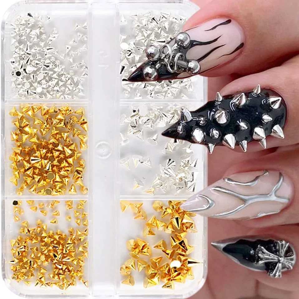 Appro150pcs/Box Punk Cone Nail Charm Stud Cool Girl Rock Mini 1.5-3mm Metal Gold and Silver Rivet for DIY Nail Art Decoration W240829
