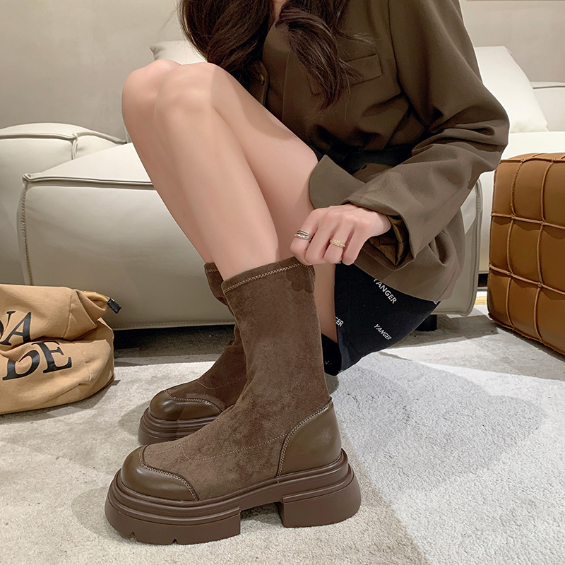 Women Fashion Stretch Patchwork Platform Ankle Boots Women Autumn Thick Sole Slip on Sock Boots Woman Chunky Heels Botas Mujer
