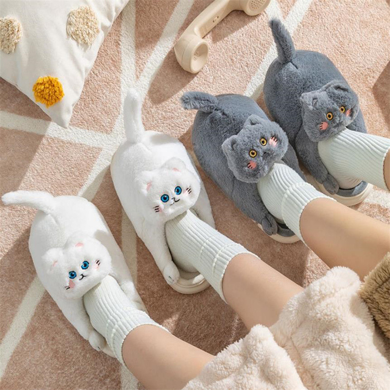 Comwarm Cute Cat Plush Slippers For Women Men Home Furry Slippers Indoor Kawaii Floor Shoes Non-slip Fluffy Winter Warm Slippers