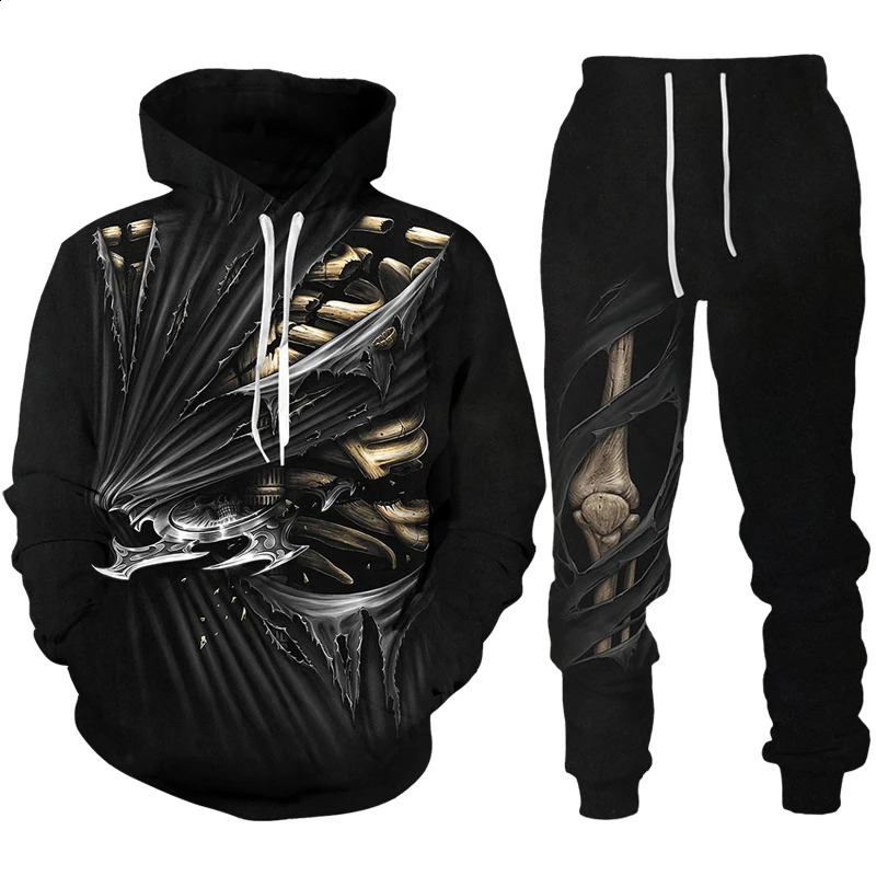 Personalized Skull 3D Printed Mens Track Wear Set Gothic Punk Hoodie Sweatshirt/Set Cool Halloween Street Costume 240829
