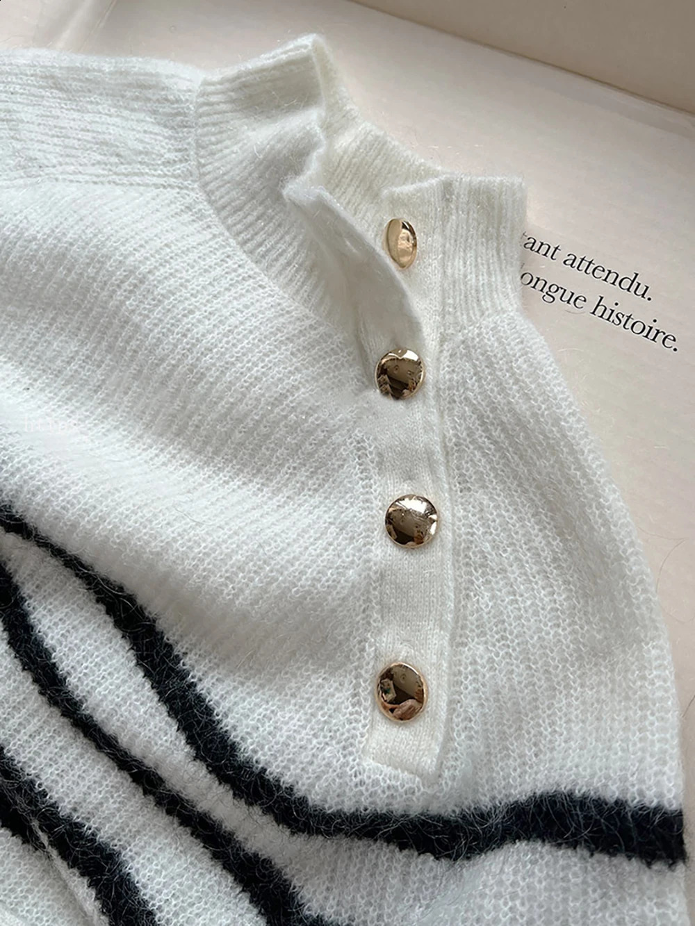 ZESSAM Stripe Jacquard Knit Pullover Half Turtleneck Long Sleeve Button Loose Female Sweater Casual Cozy Lady Top 240827