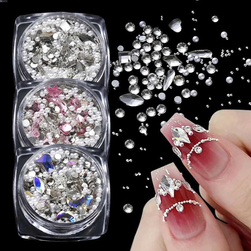 3D nail rhinestone white pearl mixed size transparent glass bead flat back gemstone metal stud accessory W240829