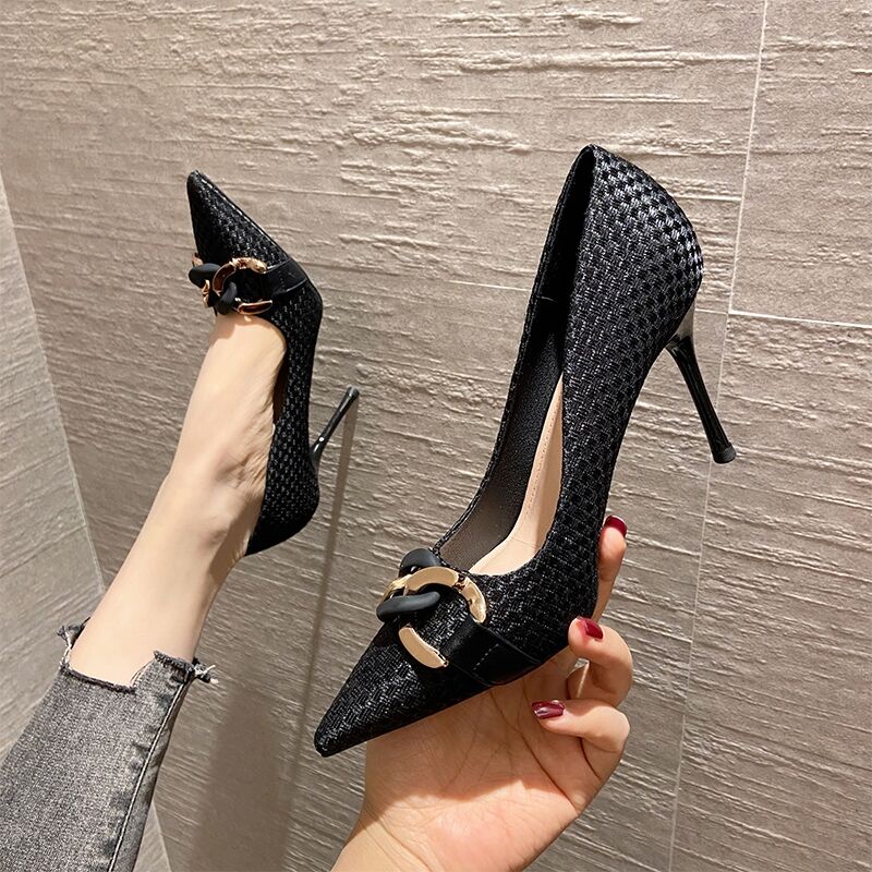 Fashion New Hemp Pumps High Heels Ladies for Women Black Pointed Toe Wedding Dress Shoes d29d