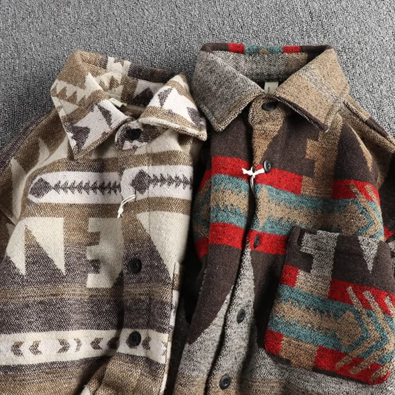 Heavy duty retro tribal pattern wool fabric long sleeved shirt mens autumn and winter thick warm American casual jacket 240829