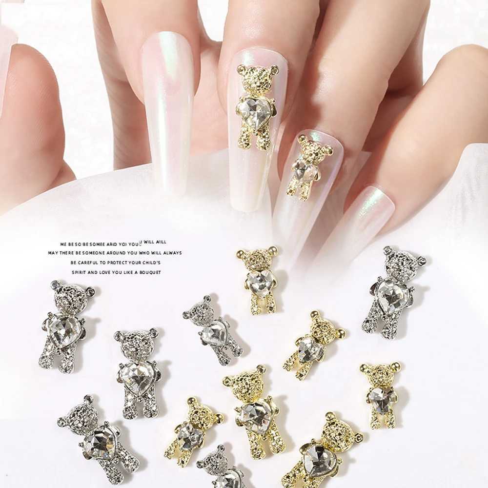 10 pieces of gold/silver bear nail art 3D charm cute rhinestone metal alloy processing design nail accessories decoration JE1009 W240829