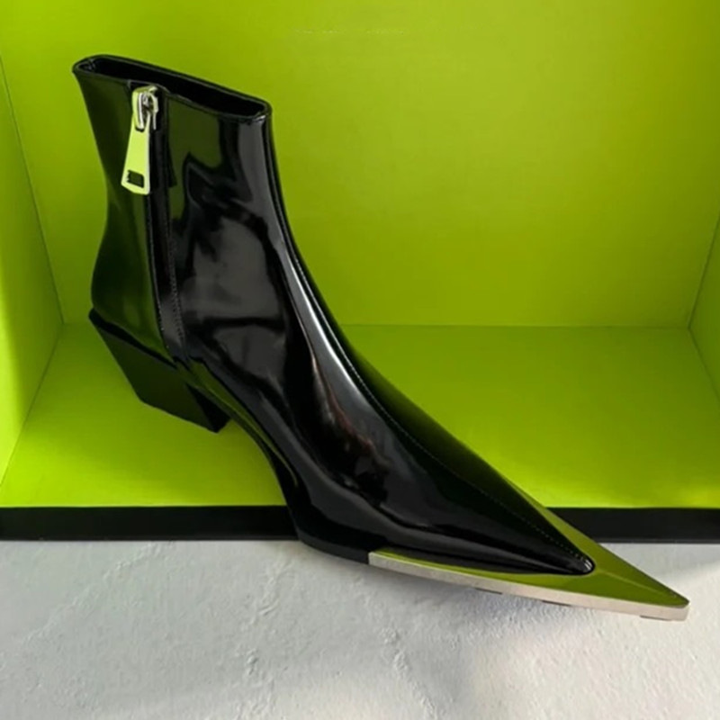 Spring Autumn New British Style Thick High Heels Pointed Toe Metal Decoration Patent Leather Women Ankle Short Chelsea Boots