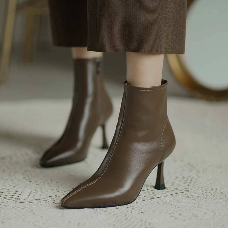 Women's brown high-heeled soft leather pointed French slim heel boots