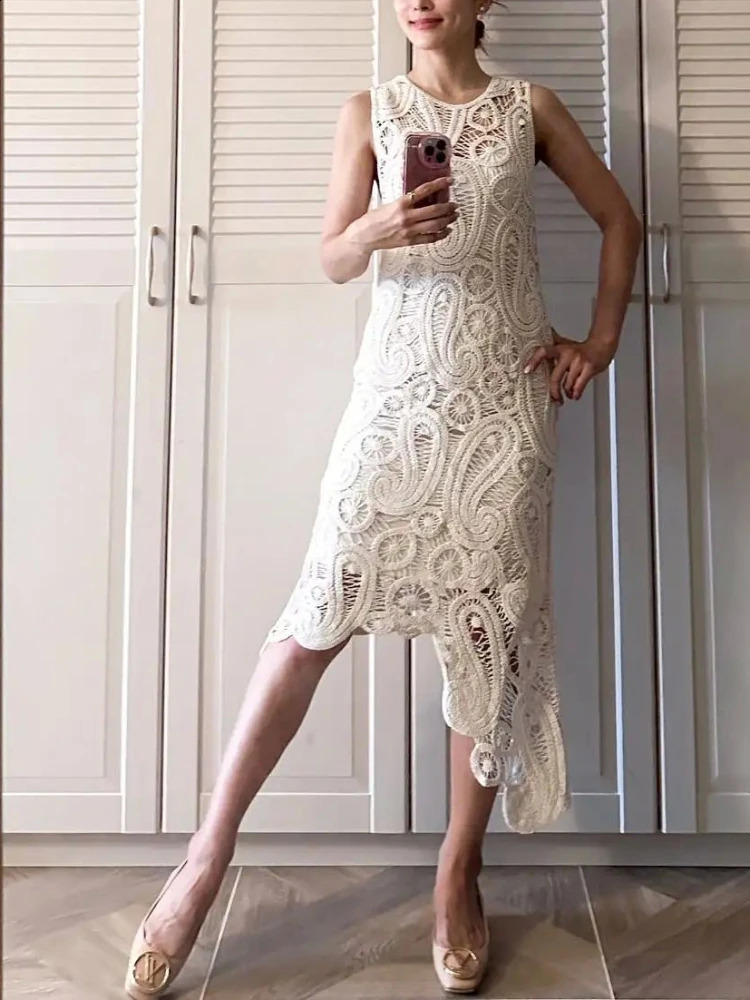 Crochet Knitted Asymmetric Dress Set Chic O-neck Tank Top and Midi Skirt Set Vintage Lace Spring/Summer Women Clothing 240829 - view 3
