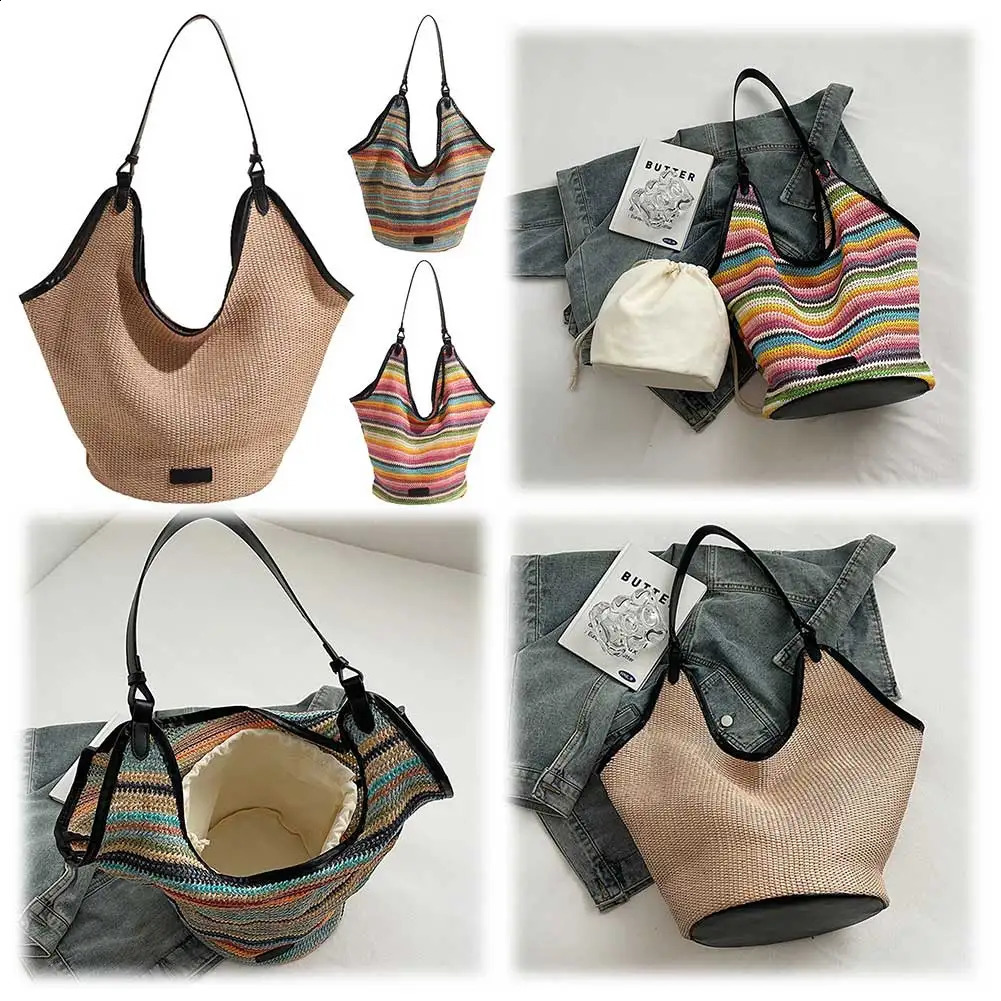 Womens straw bag womens handbag simple shoulder large capacity wallet woven strip hand outdoor travel 240830