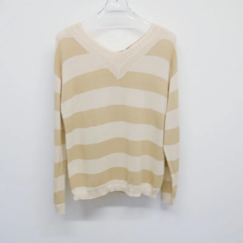 YG Autumn Womens Knitted Fashion Stripe Vneck Loose Long Sleeve Fabric Soft and Comfortable Hoodie 240827