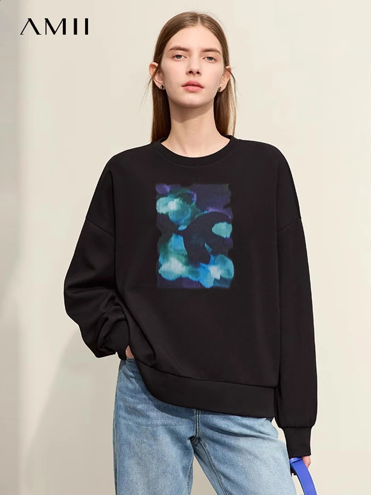 Amii Minimalism Womens Hoodie Spring Round Neck Abstract Phantom Print Loose Sleeves Streetwear Top 12441038 240827