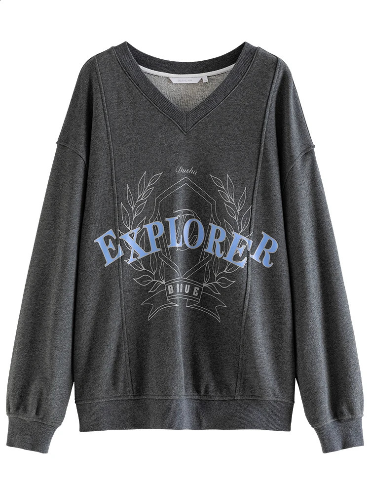 DUSHU Vneck printed womens long sleeved sweatshirt loose 100% cotton looped winter item 240827