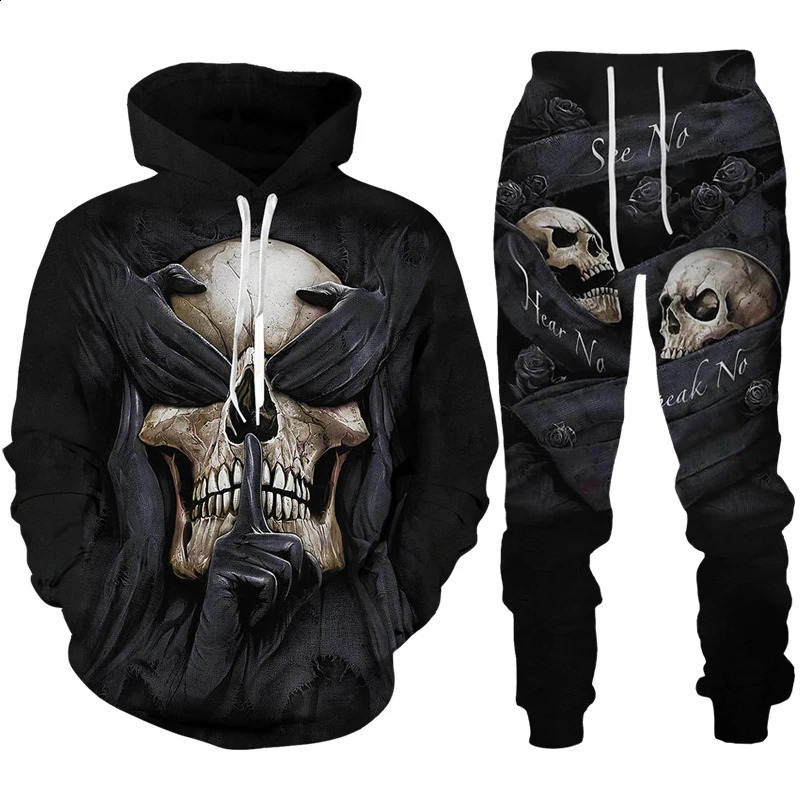 Personalized Skull 3D Printed Mens Track Wear Set Gothic Punk Hoodie Sweatshirt/Set Cool Halloween Street Costume 240829
