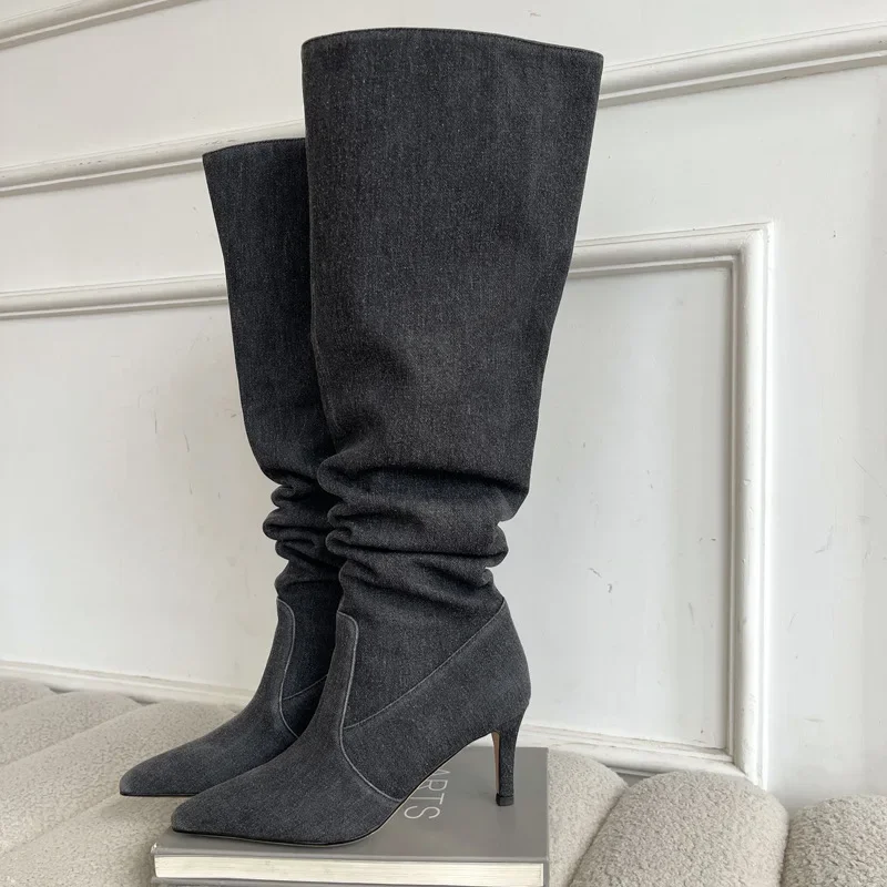High Heel Women Long Boots Retro Pointed Toe Denim Western Knight Boots Ladies Zip Shoes Fashion High Heel Knee-high Boots 2024