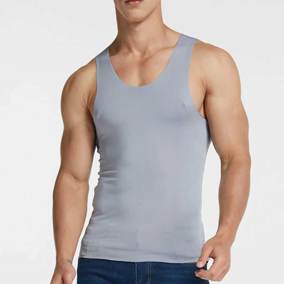 Mens sleeveless ice silk high elasticity seamless vest top pleated tee casual vest trackless sport bottom mens vestW240718