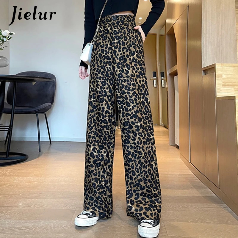 Jielur Fashion Leopard High Waist Womens Pants Vintage Casual Y2K Female Pants Young Streetwear Hip-Hop Wide Leg Trousers 240829