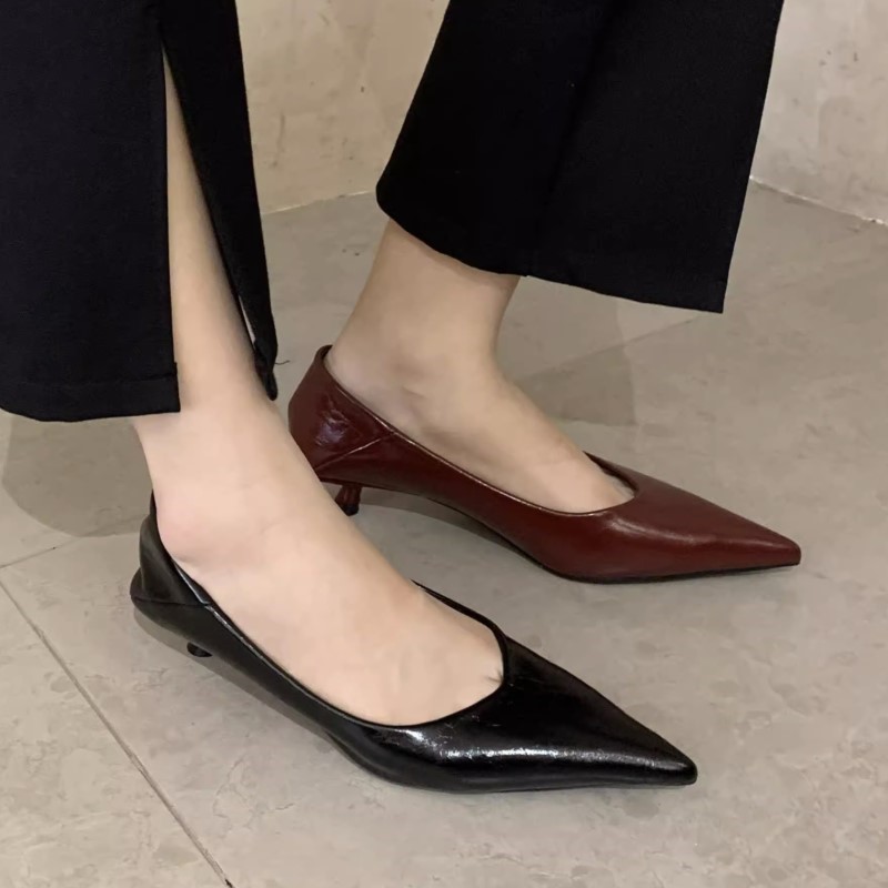 New Women's Boat Shoes Pointed Toe Pumps Kitten Heel Dress Shoes Silver Office Work Shoes for Female Black Spring Autumn 1579N
