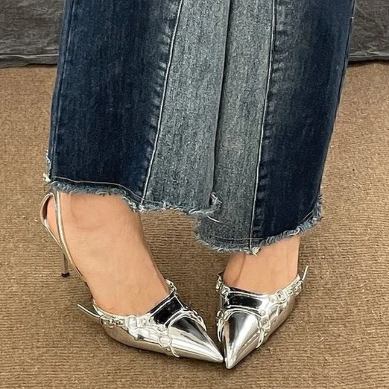 New New Sier Rivet Pointed Sexy Buckle Lady Patent Leather Cover Toe Sandals Women Sgback Shoes Dress Design 6af6