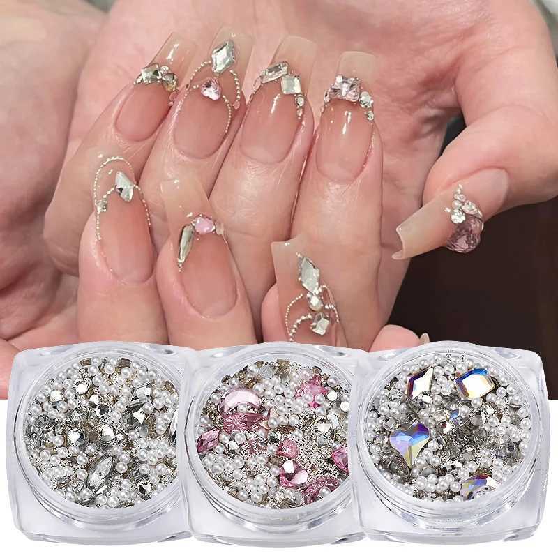 3D nail rhinestone white pearl mixed size transparent glass bead flat back gemstone metal stud accessory W240829