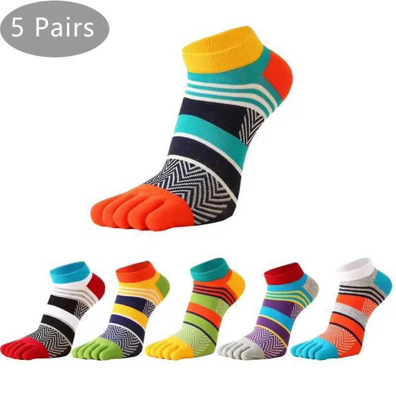 Men's Socks 5 Pairs Bright Color Ankle Five Finger Socks Man Cotton Striped Patchwork Mesh Breathable Strt Fashion No Show Socks With Toes Y24083