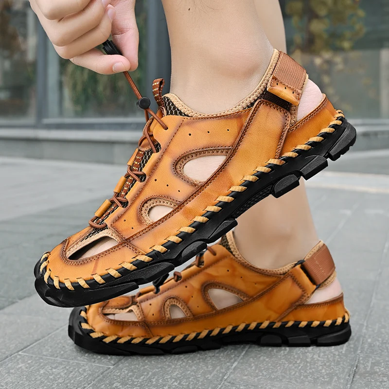Men Summer Sandals 2024 New Casual Leather Beach Sandals Men's Shoes Mesh Breathable Comfortable Soft Roman Men Sandals